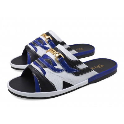 Men Sandals SKF-38 Black&Blue Nappa-White Pebble grain Microfiber Leather
